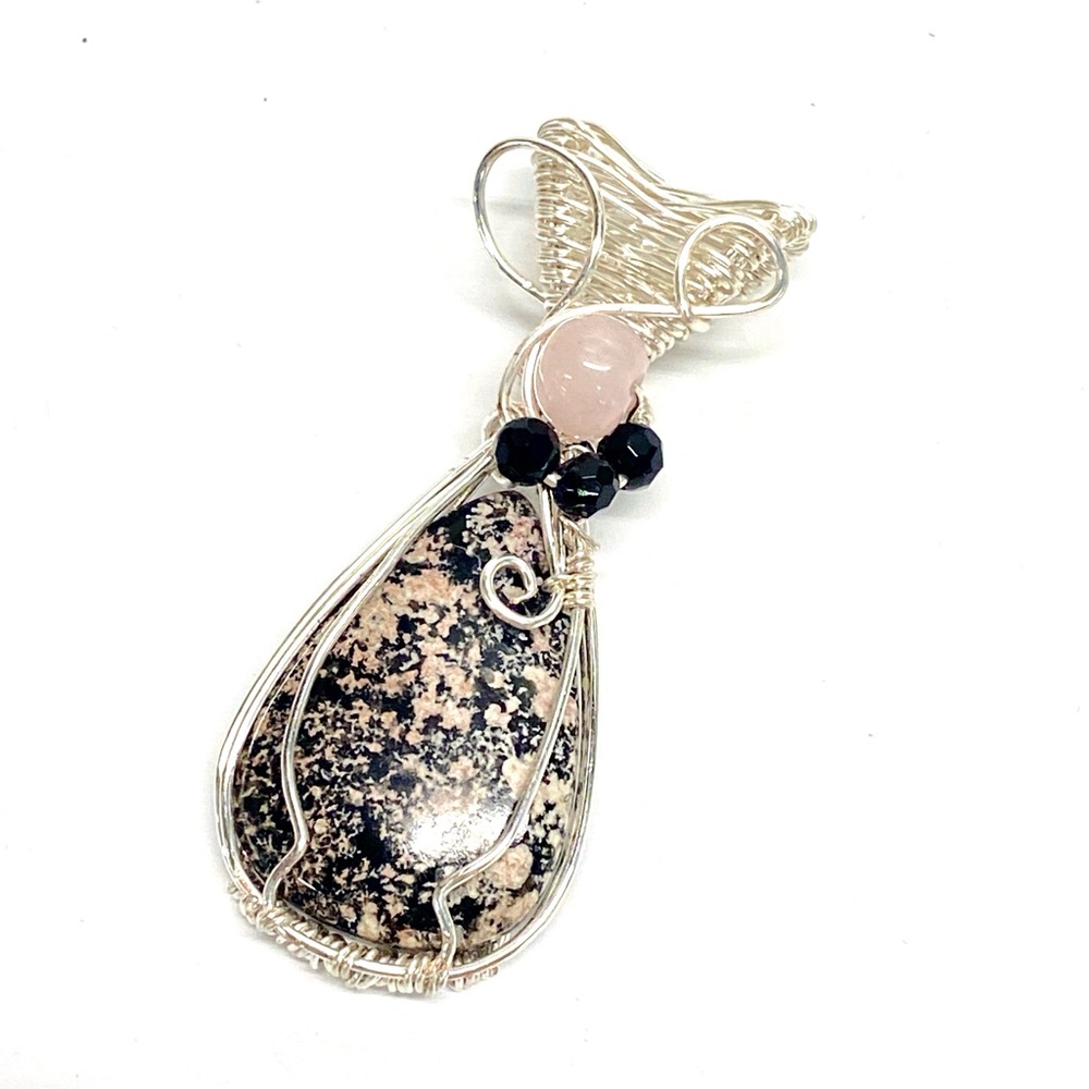 HANDMADE Firework Obsidian, Rose Quartz and Faceted Crystal Hand Wrapped Pendant
